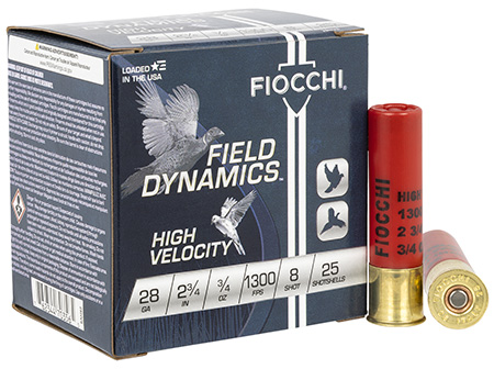 [762344703565] Fiocchi 28HV8 Field Dynamics High Velocity 28Gauge 2.75" 3/4oz 8Shot 25 Per Box/10 Case