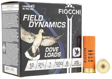 [762344700106] Fiocchi 12GT8 Field Dynamics Dove  &  Quail 12Gauge 2.75" 1oz 8Shot 25 Per Box/10 Case