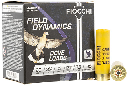 [762344700892] Fiocchi 20GT75 Field Dynamics Dove  &  Quail 20Gauge 2.75" 7/8oz 7.5Shot 25 Per Box/10 Case