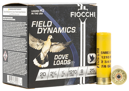 [762344700908] Fiocchi 20GT8 Field Dynamics Dove  &  Quail 20Gauge 2.75" 7/8oz 8Shot 25 Per Box/10 Case