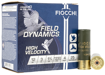 [762344705477] Fiocchi 123HV4 Field Dynamics High Velocity 12Gauge 3" 1 3/4oz 4Shot 25 Per Box/10 Case