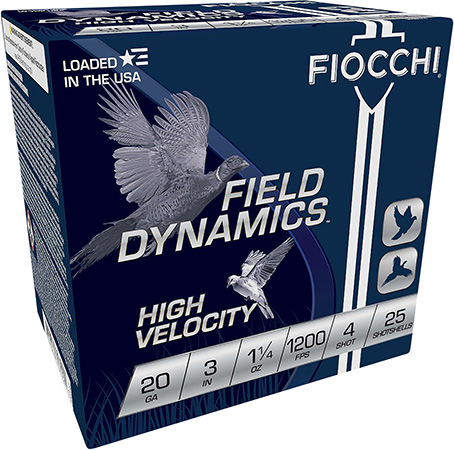 [762344707921] Fiocchi 203HV4 Field Dynamics High Velocity 20Gauge 3" 1 1/4oz 4Shot 25 Per Box/10 Case