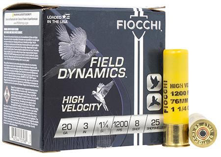[762344707969] Fiocchi 203HV8 Field Dynamics High Velocity 20Gauge 3" 1 1/4oz 8Shot 25 Per Box/10 Case