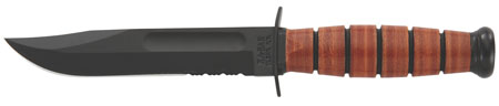 [617717212529] Ka-Bar 1252 USMC  5.25" Fixed Clip Point Part Serrated Black 1095 Cro-Van Blade, Brown Leather Handle, Includes Sheath