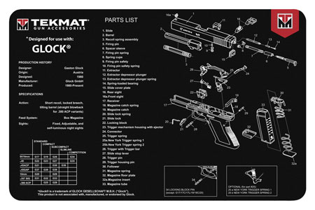 [612409970763] TekMat TEKR17GLOCK Glock Cleaning Mat Black/White Rubber 11"x17" Glock Parts Diagram