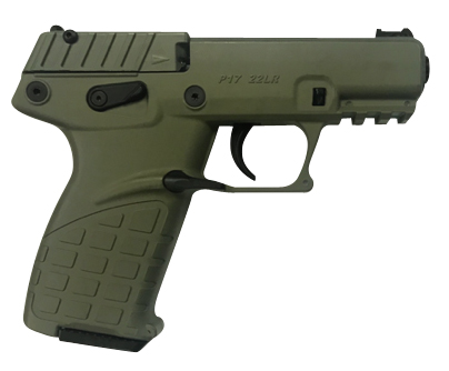 [640832007916] Kel-Tec P17GRN P17  Compact Frame 22 LR 16+1 3.80" Black Steel Threaded Barrel, OD Green Serrated Slide, OD Green w/Black Controls Polymer Frame w/Picatinny Rail, OD Green Textured Grip, Ambidextrous