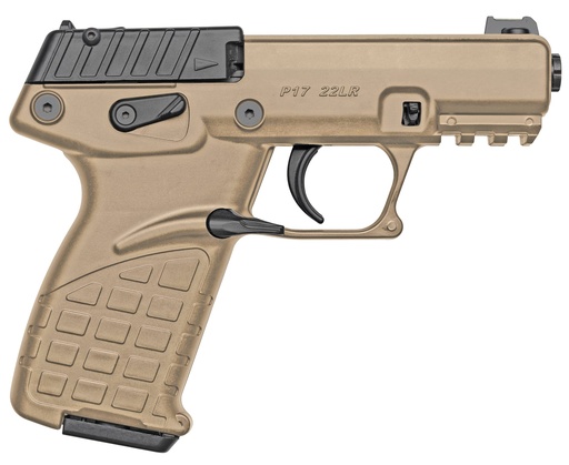 [640832007923] Kel-Tec P17TAN P17  Compact Frame 22 LR 16+1 3.80" Black Steel Threaded Barrel, Tan Serrated Slide, Tan w/Black Controls Polymer Frame w/Picatinny Rail, Textured Grip, Ambidextrous
