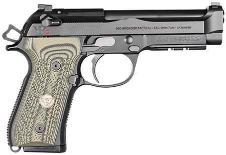 [811826021625] Wilson Combat BER92BRIG9 92G Brigadier Tactical 9mm Luger 15+1 4.70" Target Crown Steel Barrel, Black Serrated Steel Slide, Black Steel Frame w/Picatinny Rail, Dirty Olive G10 Grip, Ambidextrous