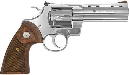 [098289003287] Colt Mfg PYTHONSP4WTS Python  38 Special/357 Mag 6 Shot 4.25" Stainless Vent Recessed Target/Vent Rib Barrel, Cylinder  &  Frame, Walnut w/Colt Medallion Grip
