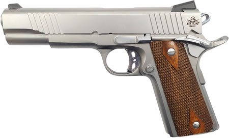 [4806015514145] Rock Island 51414 Rock Standard FS *CA Compliant 45 ACP Caliber with 5" Barrel, 8+1 Capacity, Overall Matte Stainless Steel Finish, Beavertail Frame, Serrated Slide  &  Double Checkered Wood Grip