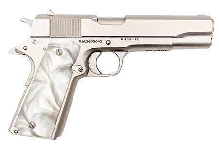 [4806015564188] Rock Island 56418 GI Standard FS *CA Compliant 45 ACP Caliber with 5" Barrel, 8+1 Capacity, Overall Matte Nickel Finish Steel, Beavertail Frame, Serrated Slide  &  Mother of Pearl Grip