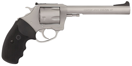 [678958799606] Charter Arms 79960 Pitbull  Large 9mm Luger, 5 Shot 6" Matte Stainless Steel Barrel, Cylinder  &  Frame w/Black Finger Grooved Rubber Grip