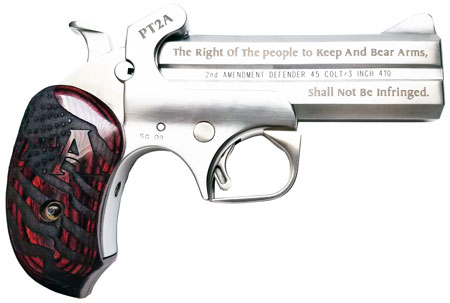 [855959002373] Bond Arms PT2A Protect the 2nd Amendment Original 38 Special/357 Mag 2rd 4.25" Engraved Stainless Barrel, Blade Front/Fixed Rear Sights, Extended Engraved Rosewood Grip, Manual Safety, Includes BAD Le