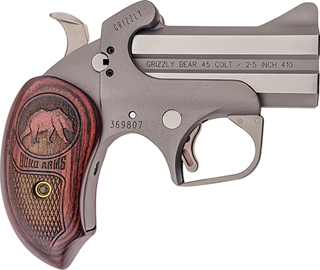 [855959002892] Bond Arms BAGR Grizzly  45 Colt (LC)/410 Gauge 2rd 3" Stainless Steel Double Barrel  &  Frame, Rebounding Hammer, Blade Front/Fixed Rear Sights, Rosewood Grips, Manual Safety