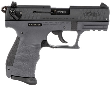 [723364215452] Walther Arms 5120765 P22 Q 22 LR 10+1 3.42" Black Steel/Threaded Barrel, Matte Black Tenifer Serrated/Steel Slide  &  Tungsten Gray Polymer Frame w/Picatinny Rail, Black Interchangeable Backstrap Grips