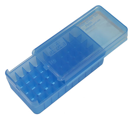 [026057123240] MTM Case-Gard P50SS4524 Side-Slide Ammo Box Pistol Multi-Caliber Handgun Clear Blue Plastic 50rd