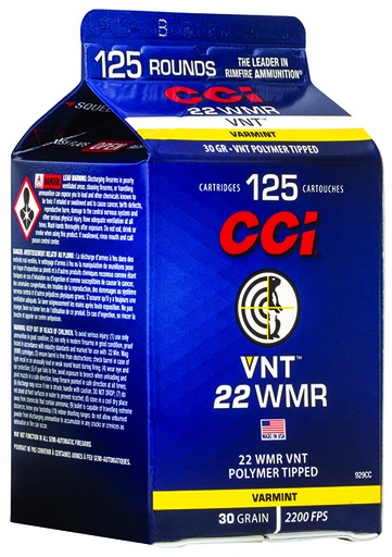 [604544655629] CCI 929CC VNT Rimfire 22WMR 30gr Varmint Tipped 125 Per Box/10 Case