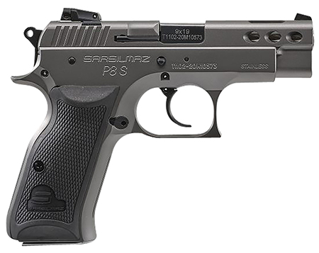 [858763007305] SAR USA P8SST P8S Compact 9mm Luger 17+1 3.80" Black Ported Steel Barrel, Stainless Steel Ported/Serrated Slide, Stainless Steel Frame w/Beavertail, Black Polymer Grip, Manual Thumb Safety, Right Hand