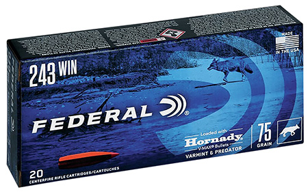 [604544657432] Federal V243VM75 Varmint  &  Predator  243Win 75gr Hornady V-Max 20 Per Box/10 Case