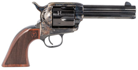 [839665004715] Taylors  &  Company 550180 Smoke Wagon  357 Mag Caliber with 4.75" Blued Finish Barrel, 6rd Capacity Blued Finish Cylinder, Color Case Hardened Finish Steel Frame  &  Checkered Walnut Grip