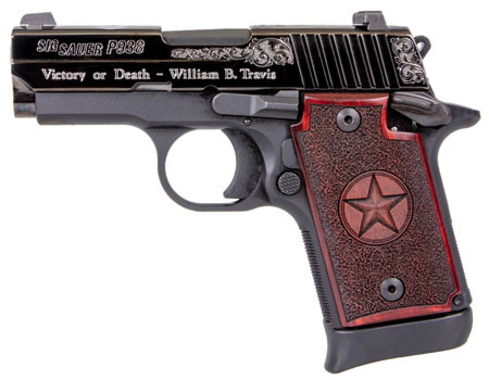 [798681624652] Sig Sauer 9389TXSAMBI P938 Texas Engraved Silver 9mm Luger 3" 7+1 Black Aluminum Frame Black Nitron Stainless Steel with Silver Accents Slide Redwood Grip Night Sights