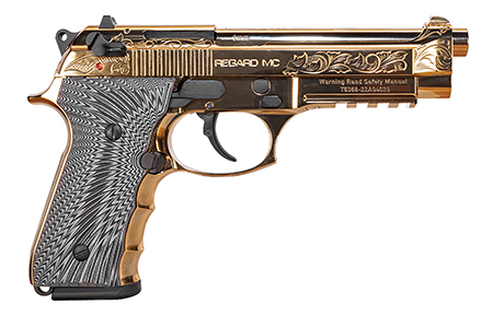 [741566904110] EAA GIRSAN 390088 Regard MC Deluxe 9mm Luger 18+1, 4.90" Stainless Steel Barrel, Gold Plated Serrated w/Engraving Steel Slide  &  Aluminum Frame w/Picatinny Rail, Black G10 Grip, Ambidextrous