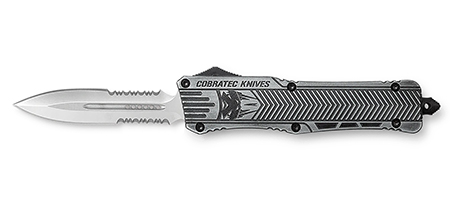 [099654025095] CobraTec Knives LSWCTK1LDG2SS CTK-1  Large 3.75" OTF Dagger Part Serrated D2 Steel Blade/ Stonewashed Aluminum Handle Features Glass Breaker Includes Pocket Clip