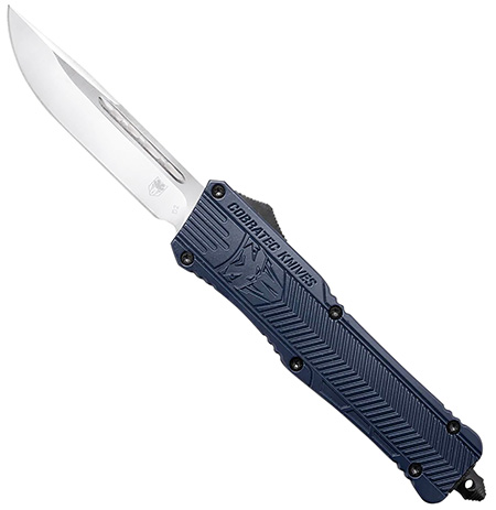 [099654025101] CobraTec Knives LNYCCTK1LDNS CTK-1  Large 3.75" OTF Drop Point Plain D2 Steel Blade/NYPD Blue Aluminum Handle Features Glass Breaker Includes Pocket Clip