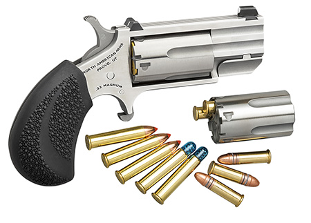 [744253001949] North American Arms PUGDC Pug Conversion 22 LR/22 WMR 5 Shot 1" Stainless Steel Barrel, Stainless Steel Frame, Stainless Cylinder, Black Rubber Grip, Exposed Hammer, XS White Dot Sight