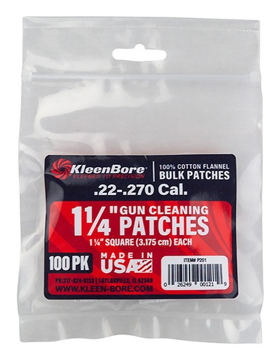 [026249001219] KleenBore P201 Super Shooter  .22 - .270 Cal 1.25" 100% Cotton Flannel 100 Per Pack