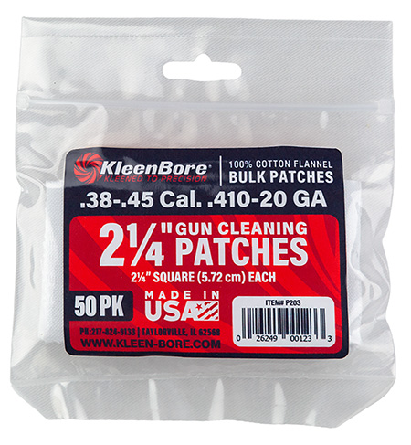 [026249001233] KleenBore P203 Super Shooter  .38/ .45 Cal 20/.410 Gauge 2.25" 100% Cotton Flannel 50 Per Pack