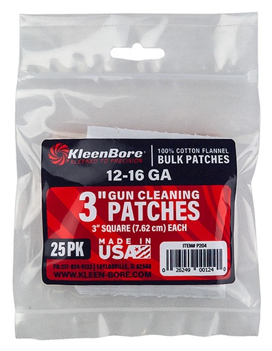 [026249001240] KleenBore P204 Super Shooter  12-16 Gauge Shotgun 3" 100% Cotton Flannel 25 Per Pack