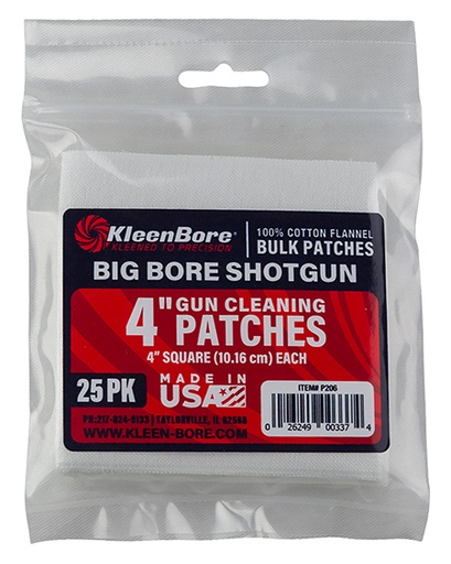 [026249003374] KleenBore P206 Super Shooter  Big Bore Shotgun/ 37/40mm Launcher  4" 100% Cotton Flannel 25 Per Pack