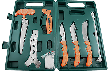 [015896007286] AccuSharp 728C Game Processing Kit Butcher/Caper/Gut-Hook/Bone Saw/Ribcage Spreader Gut Hook/Saw/Plain Stainless Steel Blade Orange FRN Handle