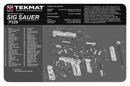 [612409971050] TekMat TEKR17SIGP229 Sig Sauer P229 Cleaning Mat Black/White Rubber 11"x17" Sig P229 Parts Diagram