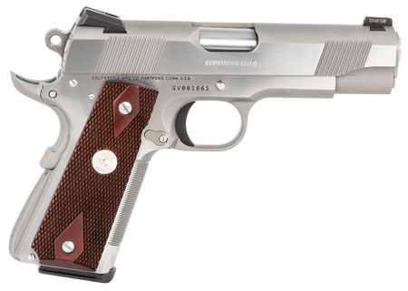 [098289041036] Colt Mfg O4012XSZ Combat Elite Commander 1911 45 ACP 8+1 4.25" Stainless National Match Barrel, Brushed Stainless Serrated Slide  &  Frame w/Beavertail, Double Diamond Checkered Wood Grip, Ambidextrous
