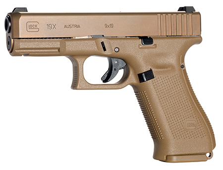 [764503028816] Glock PX1950701 G19X  Compact 9mm Luger 10+1 4.02" Black GMB Barrel, Coyote nPVD Serrated Slide, Coyote Brown Polymer Frame w/Accessory Rail, Coyote Brown Textured Polymer Grip Ambidextrous