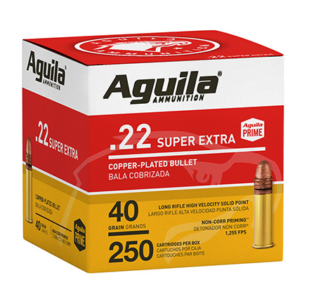[640420013114] Aguila 1B221100 Super Extra High Velocity 22LR 40gr Copper Plated Solid Point 250 Per Box/8 Case