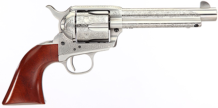 [810012510226] Taylors  &  Company 550927DE 1873 Cattleman 45 Colt (LC) Caliber with 5.50"  Barrel, 6rd Capacity Cylinder, Overall White Floral Engraved Finish Steel, Walnut Navy Size Grip  &  Overall Taylor Polish