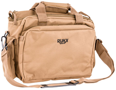 [819644026457] Rukx Gear ATICTRBT Tactical Range Bag  Water Resistant Tan 600D Polyester with Hidden Handgun Pocket, Mag  &  Ammo Storage, Non-Rust Zippers  &  Carry Handle 16" x 7.50" x 10.50" Interior Dimensions