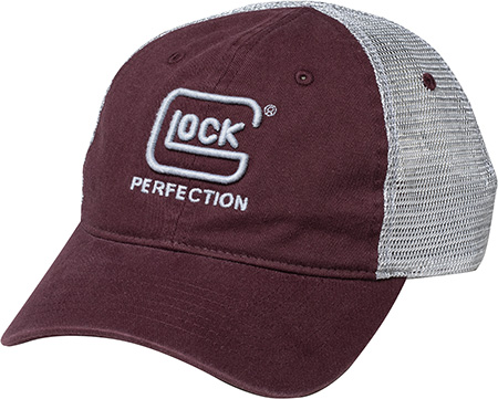 [764503045554] Glock AP95881 Relaxed  Maroon Mesh Hat, Distressed Denim-Like Fabric Front w/Mesh Back, Unstructured Fit w/Snapback, Embroidered Glock Log