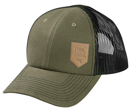 [764503045578] Glock AP95883 Chino  Olive Green/Black Mesh Hat w/Leather-Like Glock Shield Patch