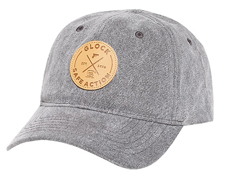 [764503045561] Glock AP95882 Safe Action Patch  Hat, Distressed Gray Denim, Relaxed Fit w/Adjustable Metal Back, Leather-Like Glock Patch
