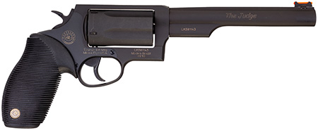 [725327600954] Taurus 2-441061T Judge  Compact 45 Colt (Long Colt) 410 Bore 5 Shot 6.50" Matte Black Oxide Alloy Steel Barrel, Cylinder  &  Frame, Black Rubber Grip, Transfer Bar Safety, Exposed Hammer