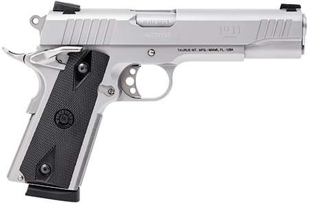 [725327601036] Taurus 1-191109 1911  Full Size Frame 45 ACP 8+1 5" Matte Stainless Steel Barrel, Serrated Slide, Matte Stainless Steel Frame w/Beavertail, Black Checkered Polymer Grip, Right Hand