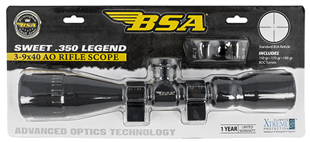 [793676096094] BSA 35039X40AOWRTB Sweet 350 Legend Black Matte 3-9x40mm AO 1" Tube 30/30 Reticle Features Weaver Rings