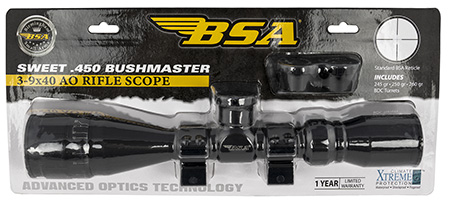 [793676096100] BSA 45039X40AOWRTB Sweet 450 Bushmaster Matte Black 3-9x40mm AO 1" Tube 30/30 Reticle Features Weaver Rings