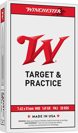 [020892229716] Winchester Ammo WM80 USA M80 7.62x51mmNATO 149gr Full Metal Jacket Lead Core 20 Per Box/25 Case