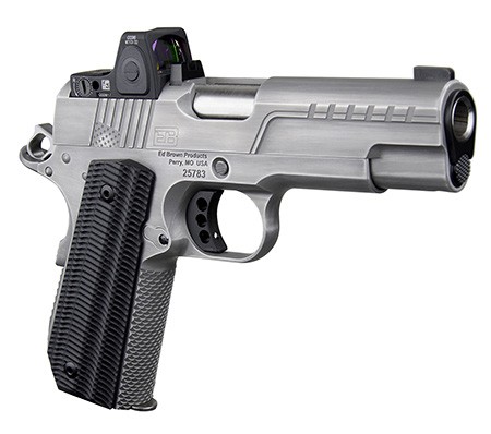 [800732702018] Ed Brown FX2SS FX2  45 ACP 7+1 4.25" Recessed Crown Barrel, Stainless Steel Engraved American Flag/Serrated Slide, Stainless Steel Frame, Trijicon RMRcc 3.25 MOA Sight