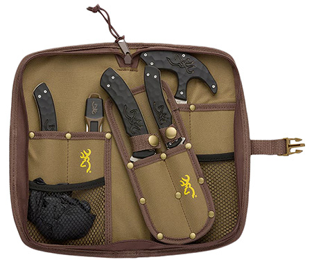 [023614965367] Browning 3220422B Primal Combo  Fixed Bone Saw/Caper/Gut Tool/Sharpening Tool/Skinner 8Cr13MoV SS Blade, Black Polymer w/Rubber Overmold Handle, 6 Piece Set, Includes Case/Gloves